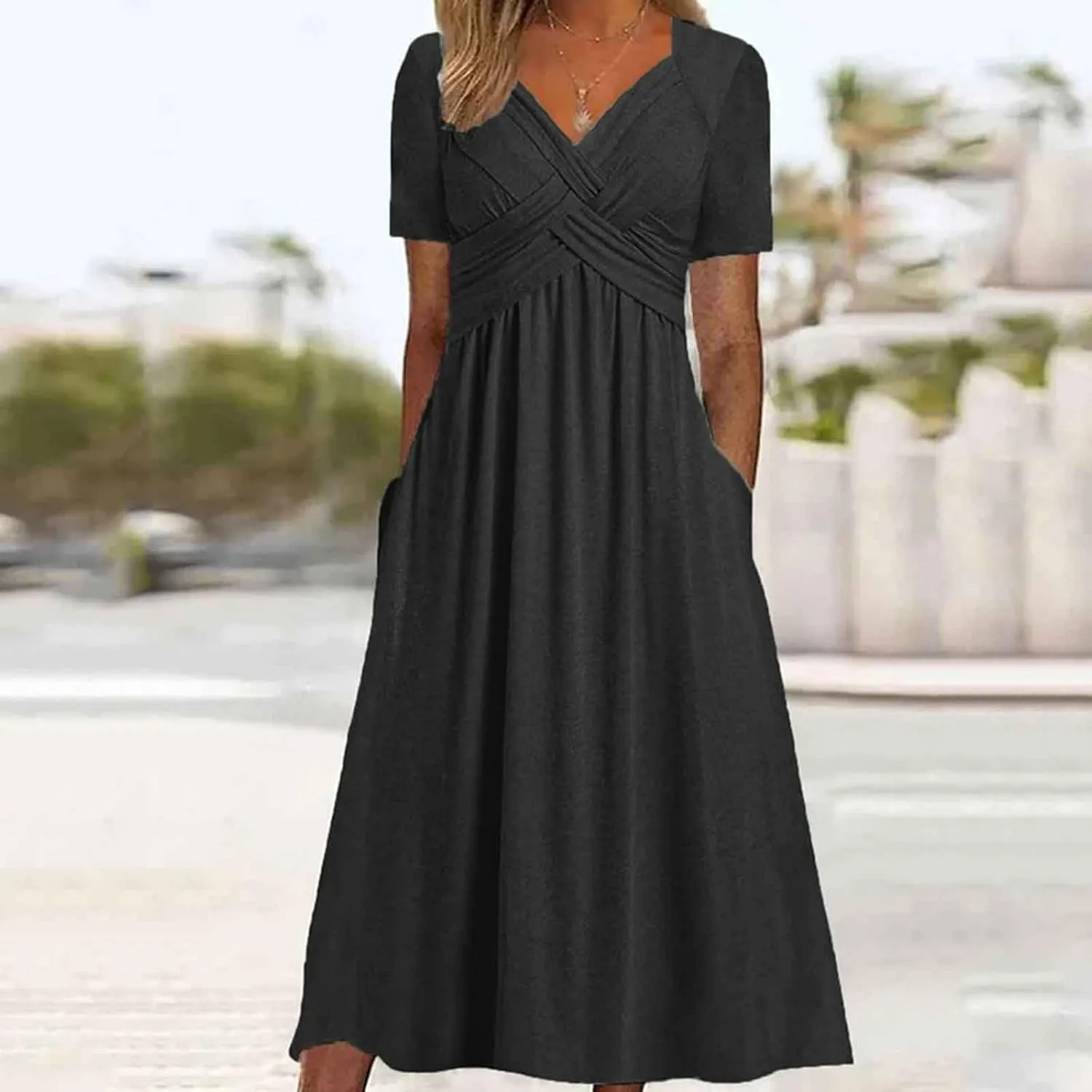 Women's Summer Maxi Dress 2025 Casual Short Sleeve Wrap V Neck Flowy Swing Plated Long Beach Dresses with Pockets
