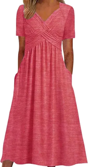 Women's Summer Maxi Dress 2025 Casual Short Sleeve Wrap V Neck Flowy Swing Plated Long Beach Dresses with Pockets