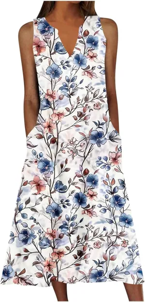 Women's Summer Maxi Dress Vintage Floral Print Graphic Long Dresses V Neck Sleeveless Flowy Swing Casual Beach Dress