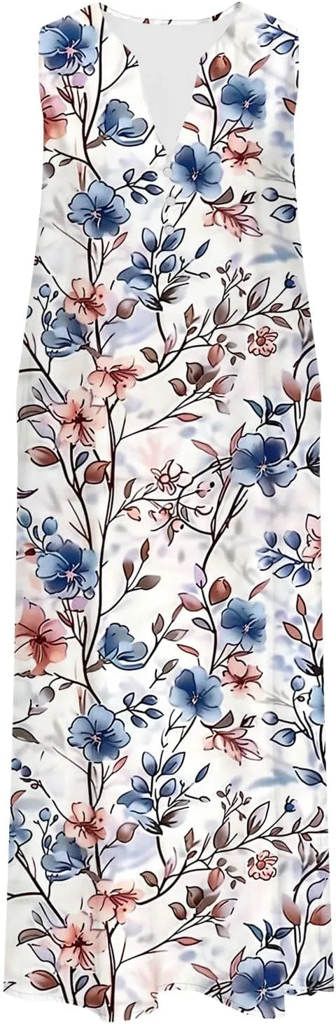 Women's Summer Maxi Dress Vintage Floral Print Graphic Long Dresses V Neck Sleeveless Flowy Swing Casual Beach Dress