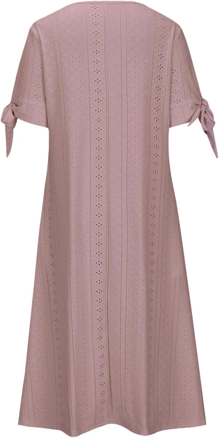 Womens Summer Maxi Dresses 2025 Trendy Eyelet Sundress Short Sleeve Casual T Shirt Dress Beach Vacation Travel Outfit