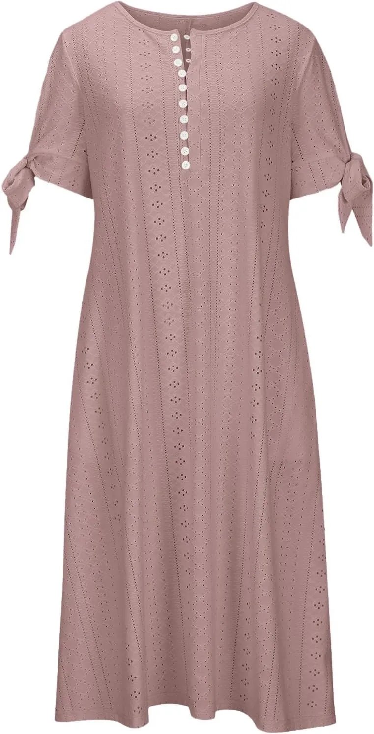 Womens Summer Maxi Dresses 2025 Trendy Eyelet Sundress Short Sleeve Casual T Shirt Dress Beach Vacation Travel Outfit