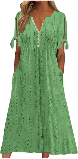 Womens Summer Maxi Dresses 2025 Trendy Eyelet Sundress Short Sleeve Casual T Shirt Dress Beach Vacation Travel Outfit