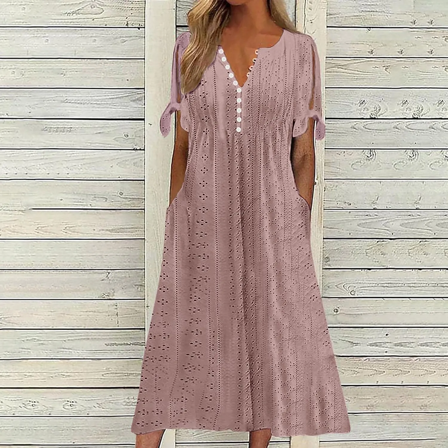 Womens Summer Maxi Dresses 2025 Trendy Eyelet Sundress Short Sleeve Casual T Shirt Dress Beach Vacation Travel Outfit