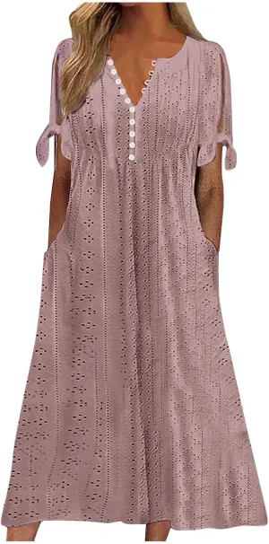 Womens Summer Maxi Dresses 2025 Trendy Eyelet Sundress Short Sleeve Casual T Shirt Dress Beach Vacation Travel Outfit