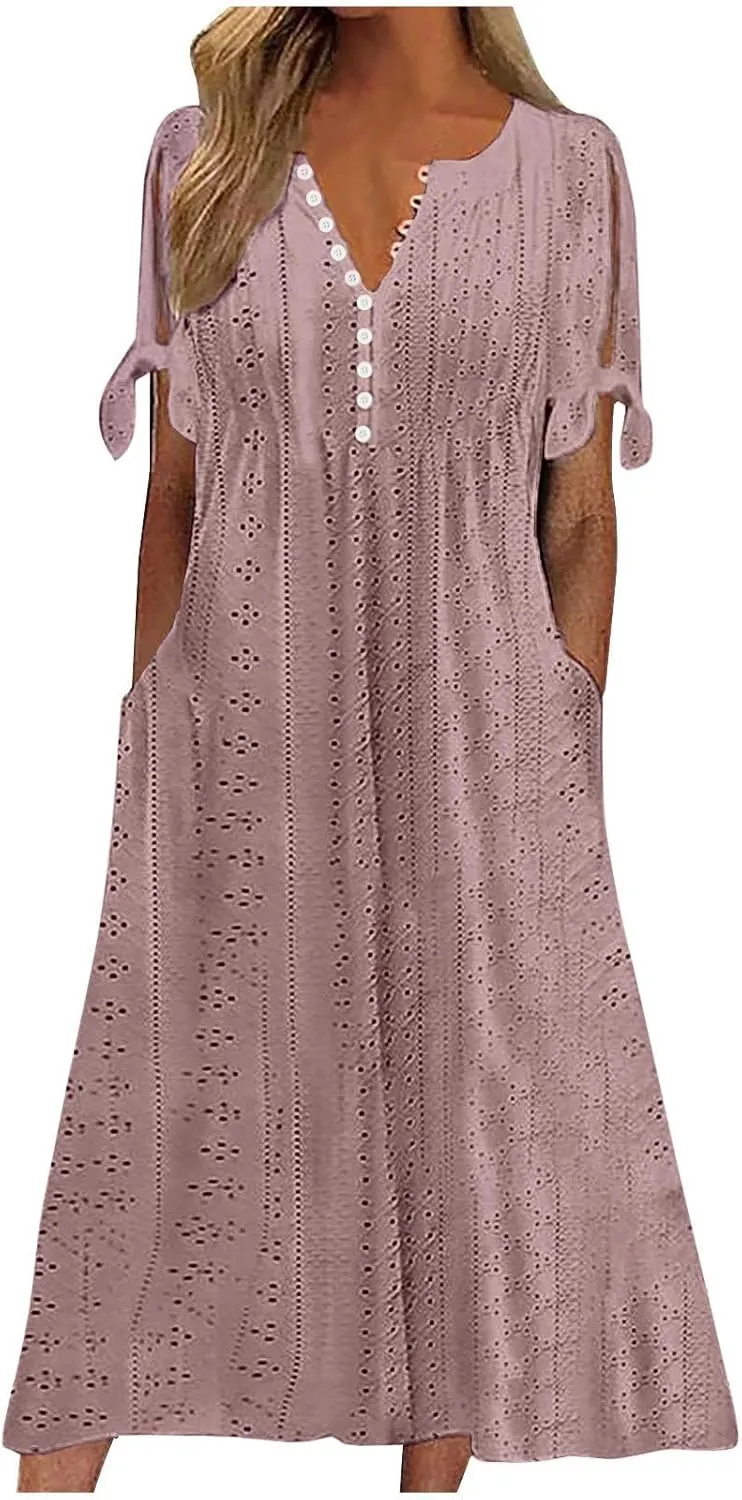 Womens Summer Maxi Dresses 2025 Trendy Eyelet Sundress Short Sleeve Casual T Shirt Dress Beach Vacation Travel Outfit