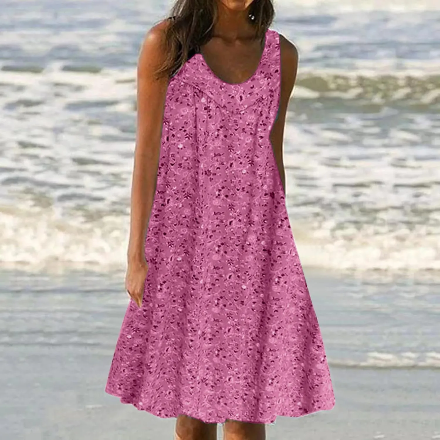 Women's Summer Print Dress Short Sleeve Crew-Neck Loose Dress Beach Dress Sun Dress Ruffled Flowy Midi Dress