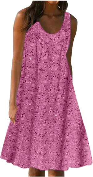 Women's Summer Print Dress Short Sleeve Crew-Neck Loose Dress Beach Dress Sun Dress Ruffled Flowy Midi Dress