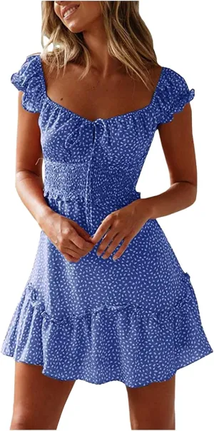Womens Summer Sexy Sweetheart Collar Printed Ruffle Mini Dress Tie Front Ruffle Trim Ruched Short Dress Sundresses for Women