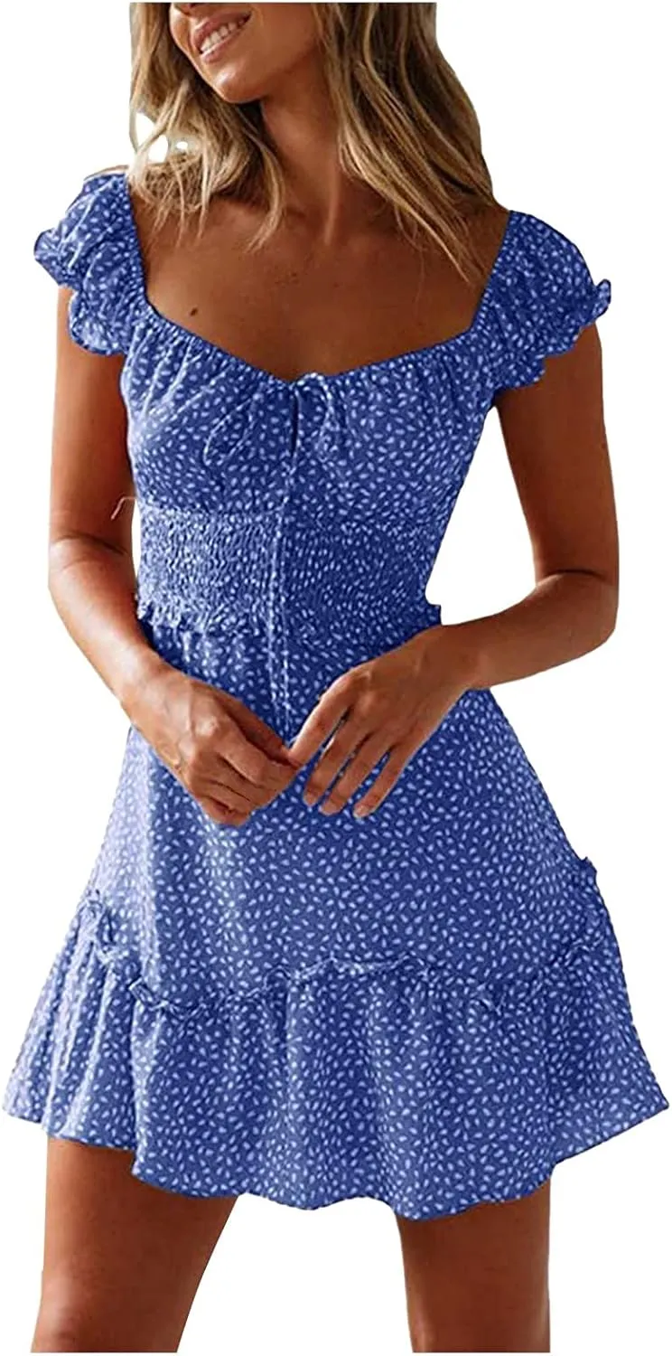 Womens Summer Sexy Sweetheart Collar Printed Ruffle Mini Dress Tie Front Ruffle Trim Ruched Short Dress Sundresses for Women