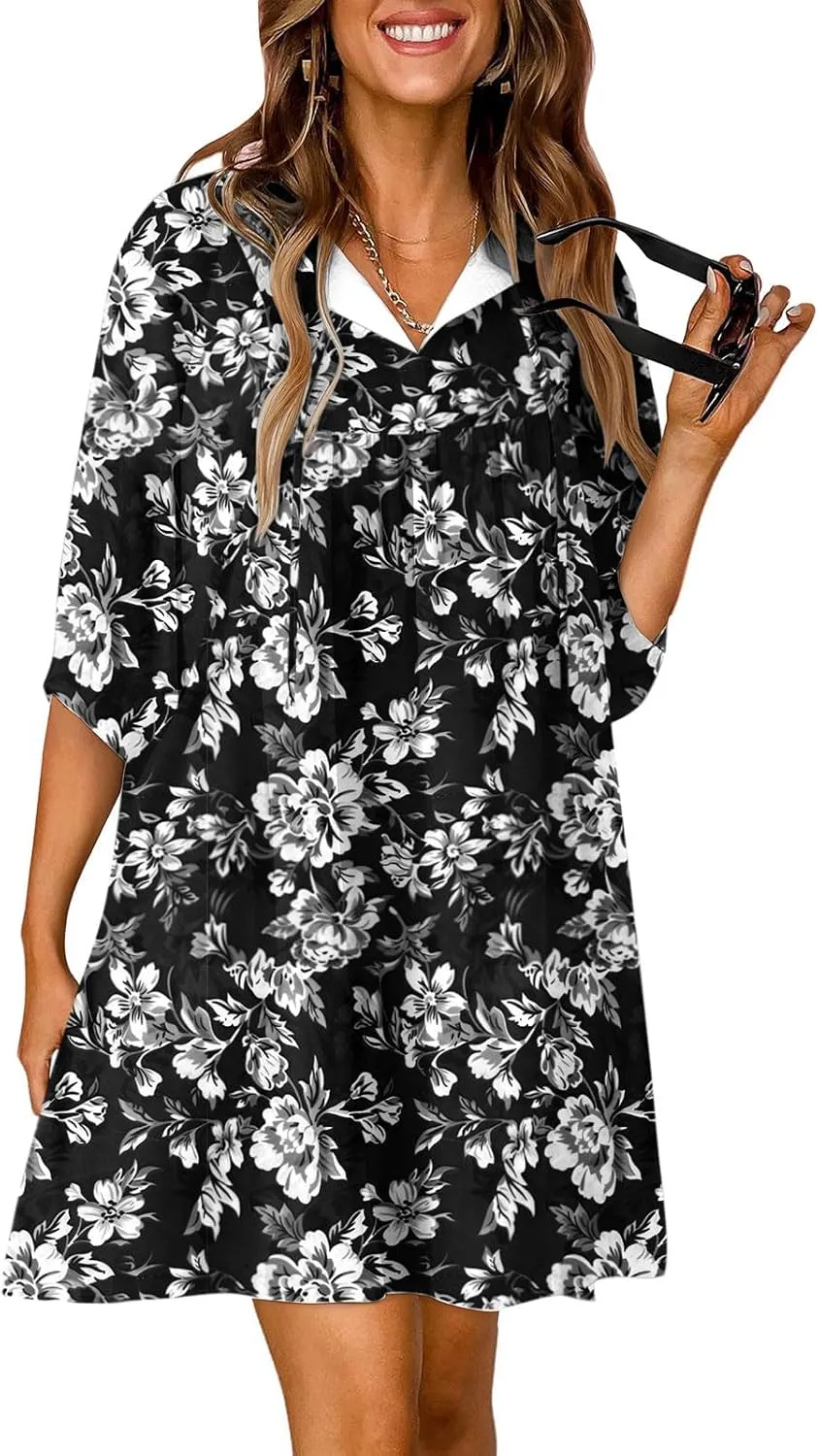 Womens Summer Shirt Dresses Casual V-Neck Three-Quarter Sleeve Dress Vacation Beach Sun Dress Boho Maxi Dress