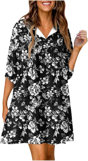 Womens Summer Shirt Dresses Casual V-Neck Three-Quarter Sleeve Dress Vacation Beach Sun Dress Boho Maxi Dress