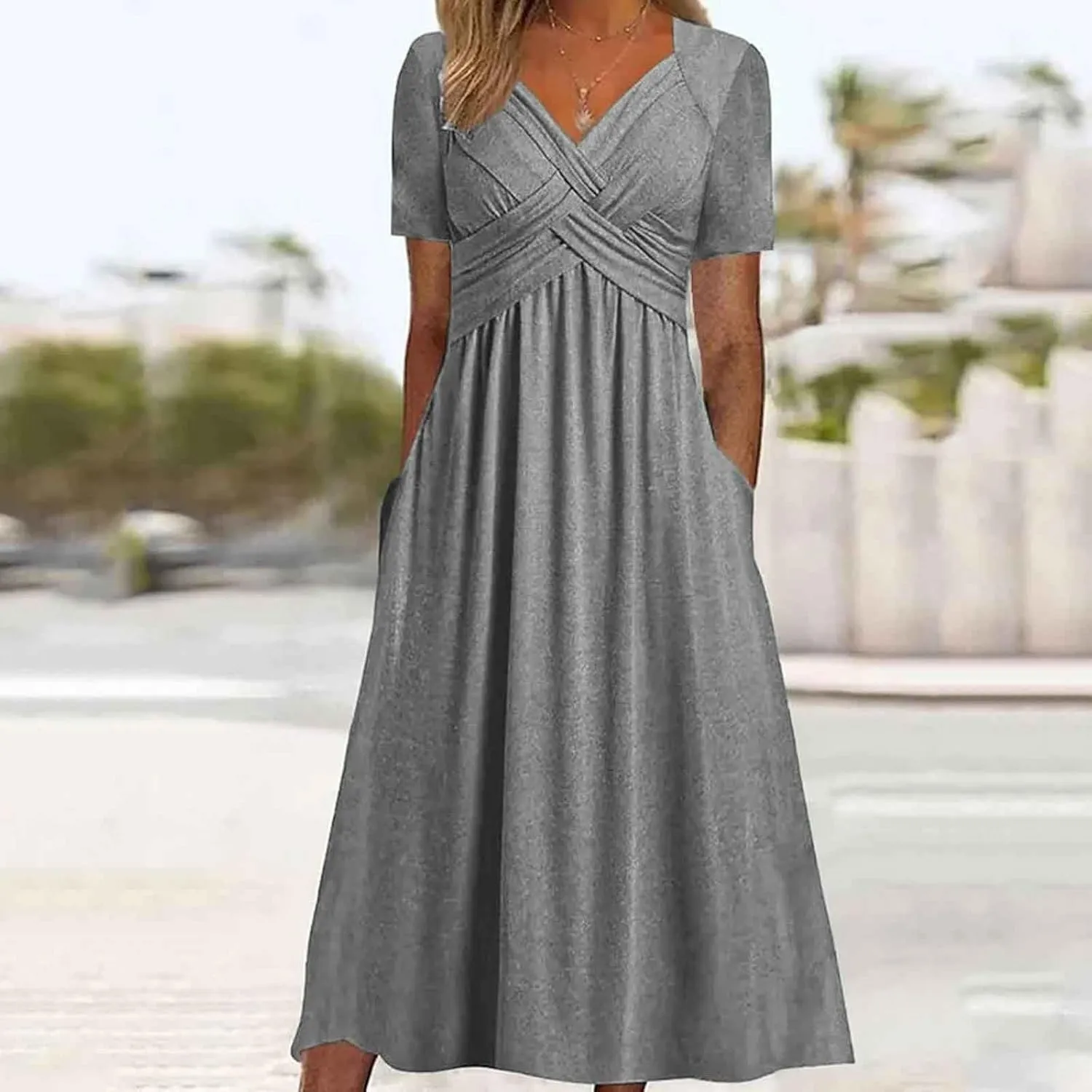 Women's Summer Short Sleeve A-Line Midi Dresses Casual Tiered T-Shirt Dress Flowy Beach Sundress with Pockets