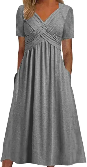 Women's Summer Short Sleeve A-Line Midi Dresses Casual Tiered T-Shirt Dress Flowy Beach Sundress with Pockets