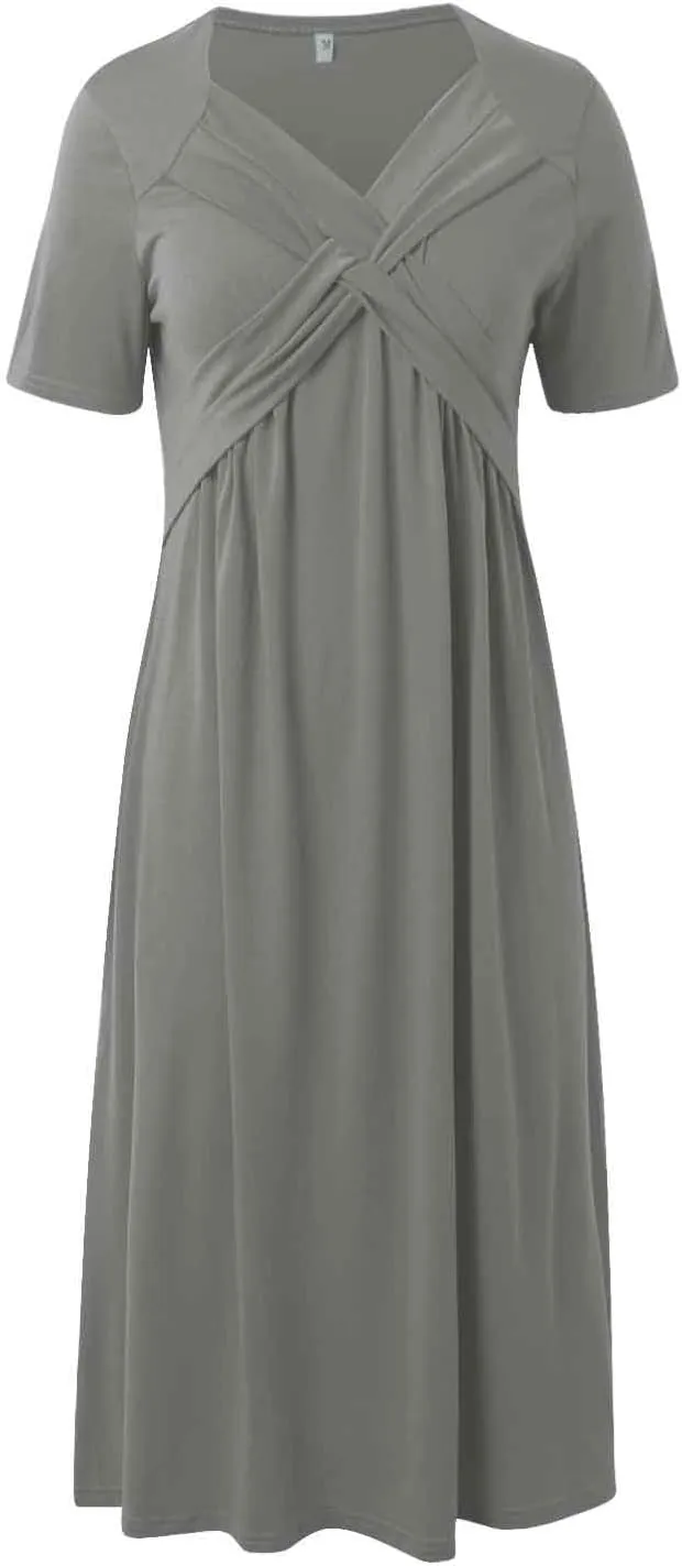 Women's Summer Short Sleeve A-Line Midi Dresses Casual Tiered T-Shirt Dress Flowy Beach Sundress with Pockets