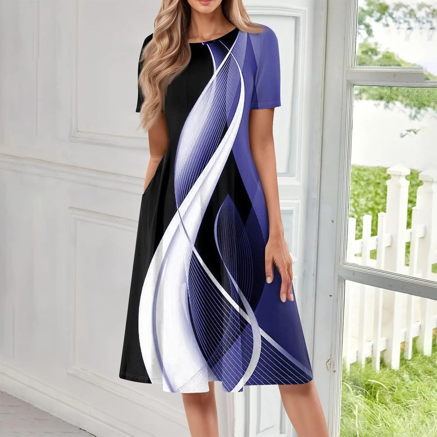 Womens Summer Short Sleeve Midi Dresses Casual Floral A-Line Dress Flowy Beach Vacation Sundress with Pocket