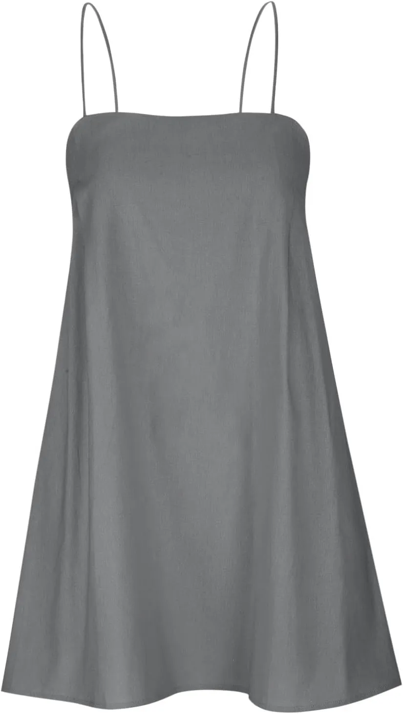 Womens Summer Sleeveless Mini Dress Cotton Linen Spaghetti Strap Sundress Square Neck Solid Beach Camisole Dress