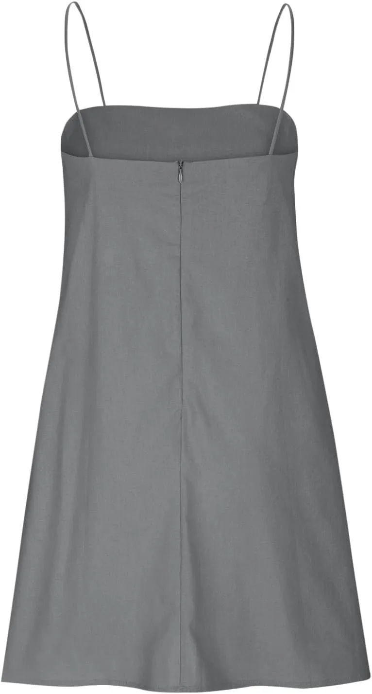 Womens Summer Sleeveless Mini Dress Cotton Linen Spaghetti Strap Sundress Square Neck Solid Beach Camisole Dress