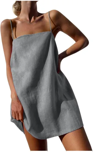 Womens Summer Sleeveless Mini Dress Cotton Linen Spaghetti Strap Sundress Square Neck Solid Beach Camisole Dress
