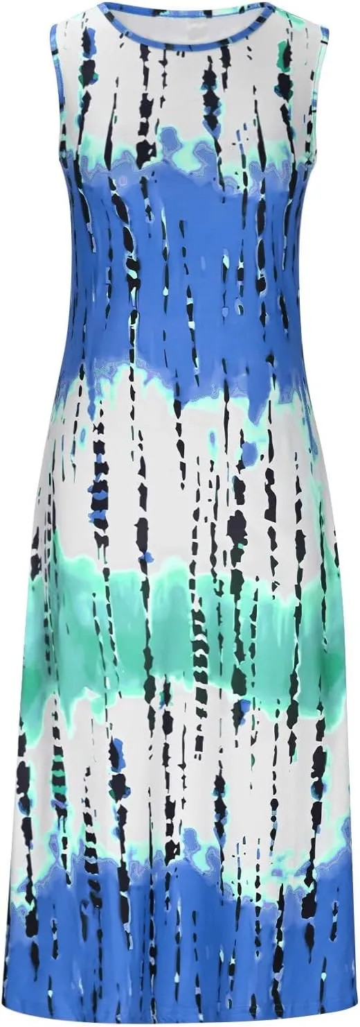 Womens Summer Sleeveless Tank Maxi Dress 2025 Fashion Tie Dye Crewneck Beach Dresses Y2K Casual Loose Slits Sundress
