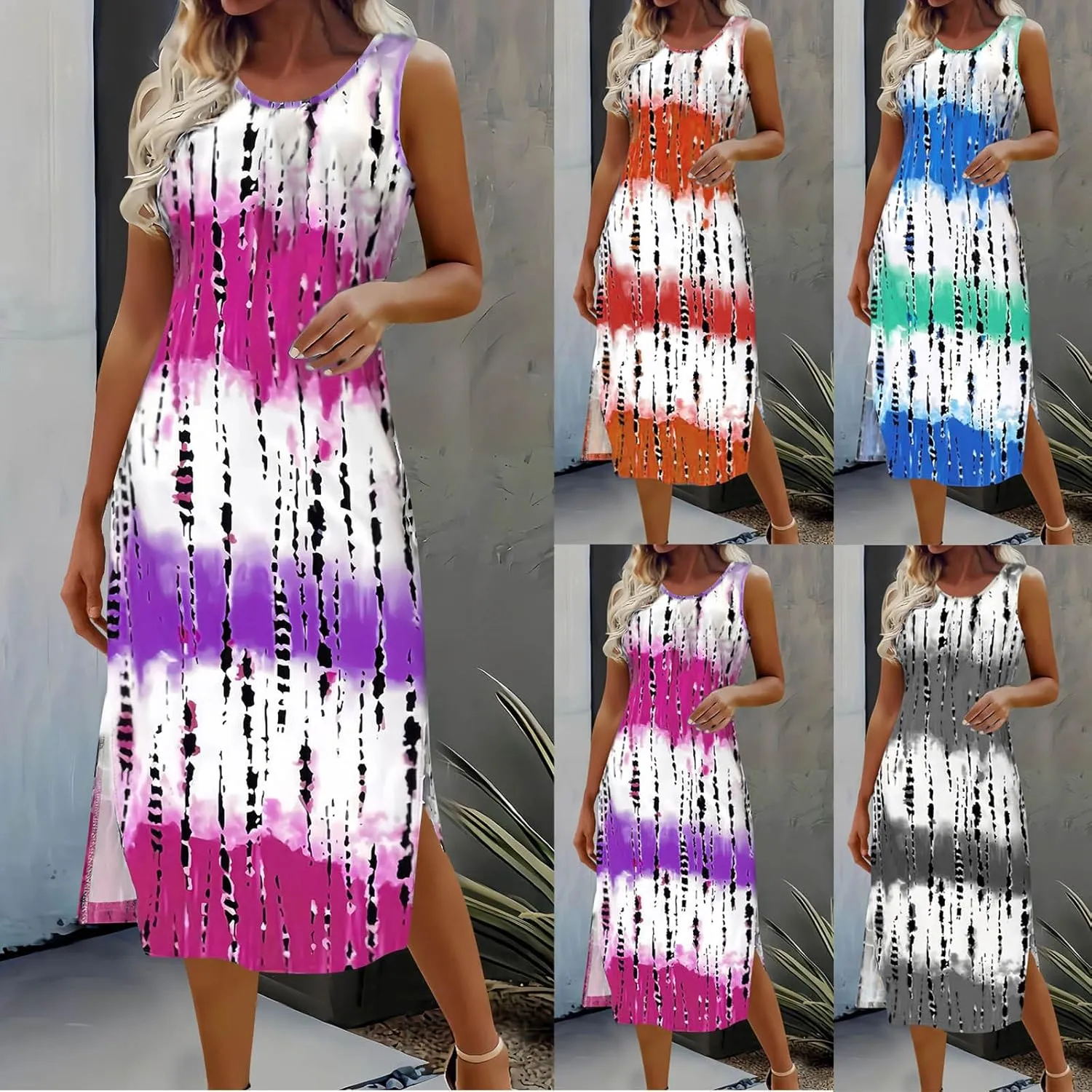 Womens Summer Sleeveless Tank Maxi Dress 2025 Fashion Tie Dye Crewneck Beach Dresses Y2K Casual Loose Slits Sundress