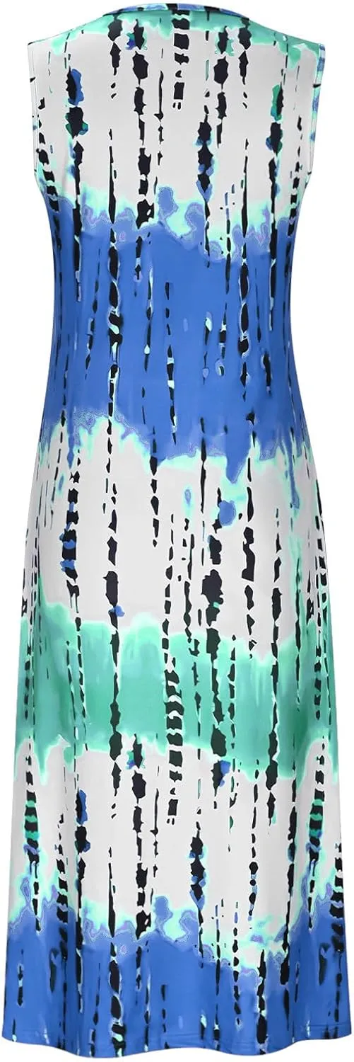 Womens Summer Sleeveless Tank Maxi Dress 2025 Fashion Tie Dye Crewneck Beach Dresses Y2K Casual Loose Slits Sundress