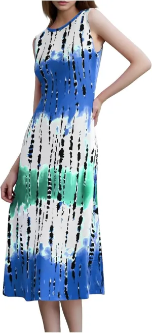 Womens Summer Sleeveless Tank Maxi Dress 2025 Fashion Tie Dye Crewneck Beach Dresses Y2K Casual Loose Slits Sundress