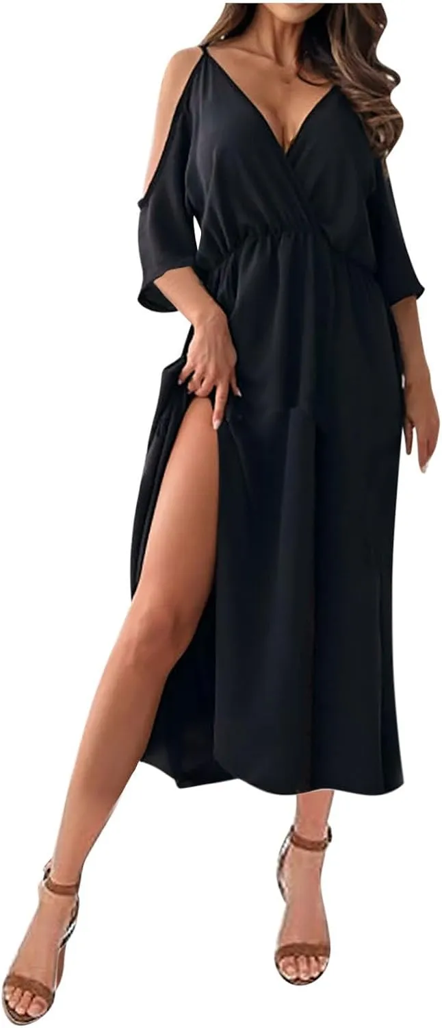 Women's Summer Slit Midi Dress Cold Shoulder Short Sleeve Long Dresses Sexy V Neck Flowy Loose Solid Cute Clothes