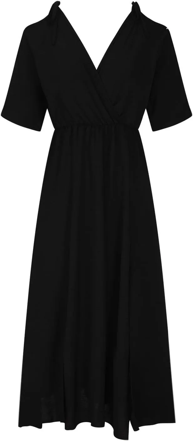 Women's Summer Slit Midi Dress Cold Shoulder Short Sleeve Long Dresses Sexy V Neck Flowy Loose Solid Cute Clothes