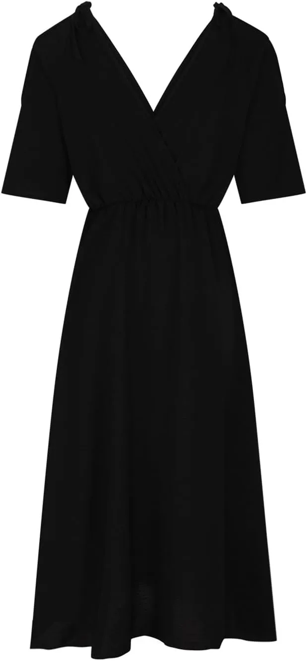 Women's Summer Slit Midi Dress Cold Shoulder Short Sleeve Long Dresses Sexy V Neck Flowy Loose Solid Cute Clothes
