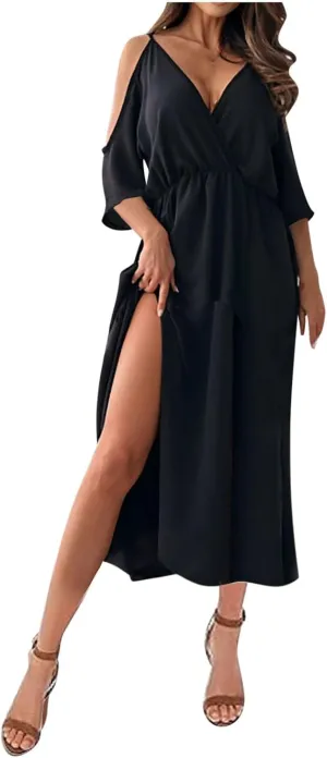 Women's Summer Slit Midi Dress Cold Shoulder Short Sleeve Long Dresses Sexy V Neck Flowy Loose Solid Cute Clothes
