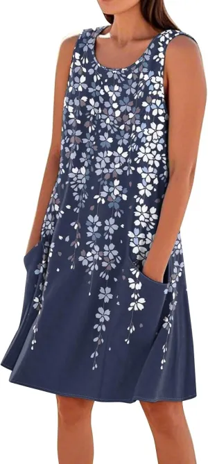 Womens Summer Tank Dresses Casual Sleeveless Midi Dress Cotton Beach Floral Sundress Vacation Travel Outfits
