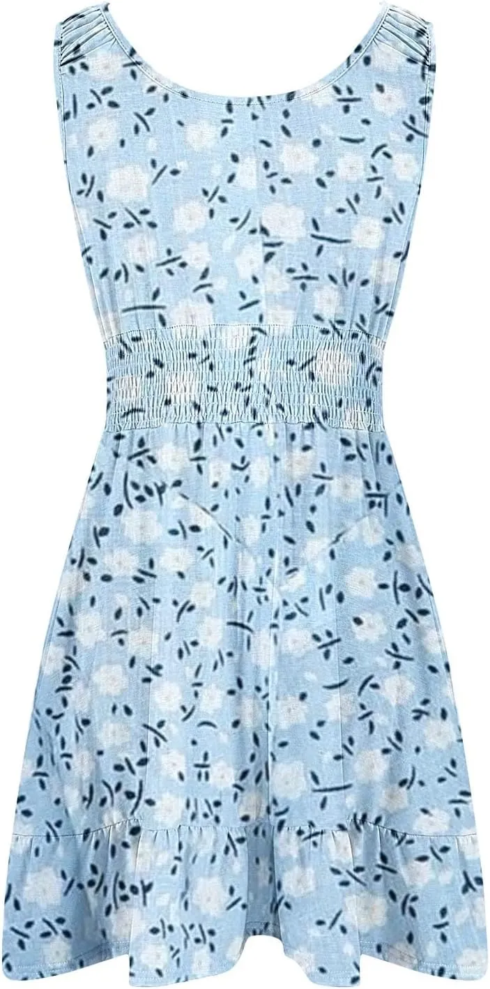 Womens Summer Tank Dresses Mini Length Sleeveless Casual Slim Fit Elastic Waist A Line Ruffle Solid/Floral Sundress