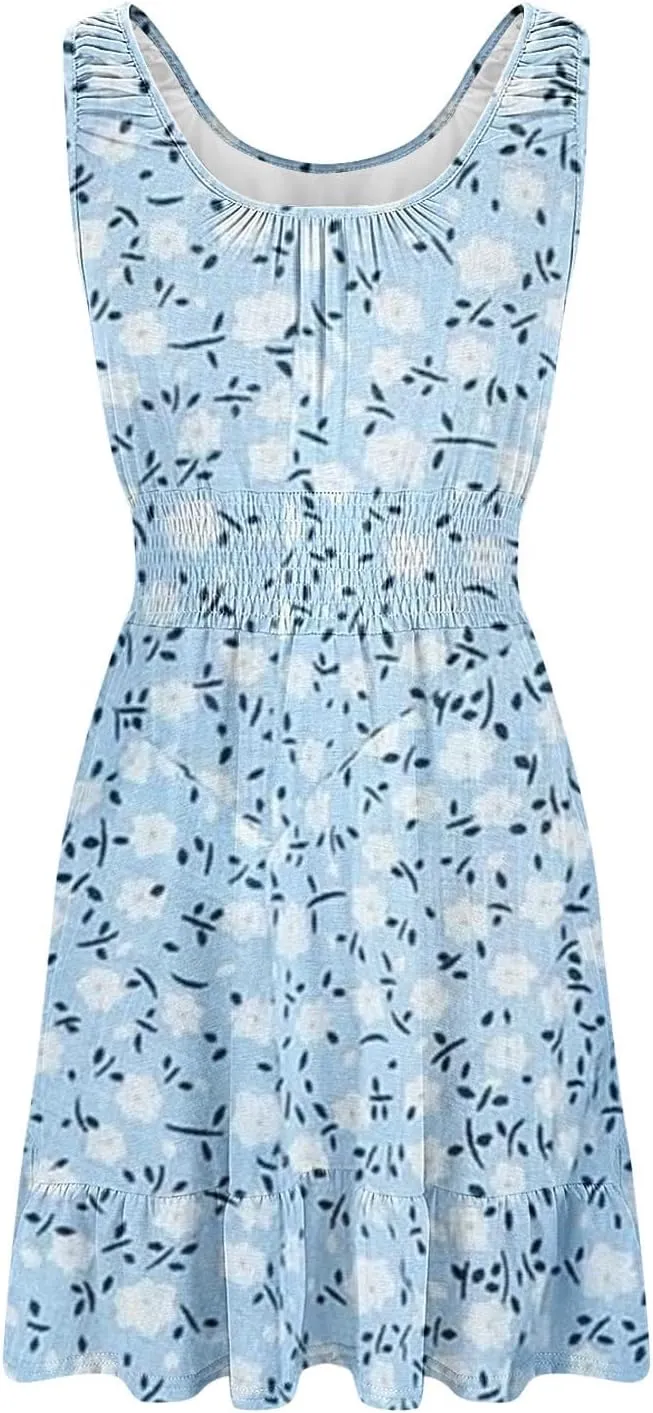 Womens Summer Tank Dresses Mini Length Sleeveless Casual Slim Fit Elastic Waist A Line Ruffle Solid/Floral Sundress