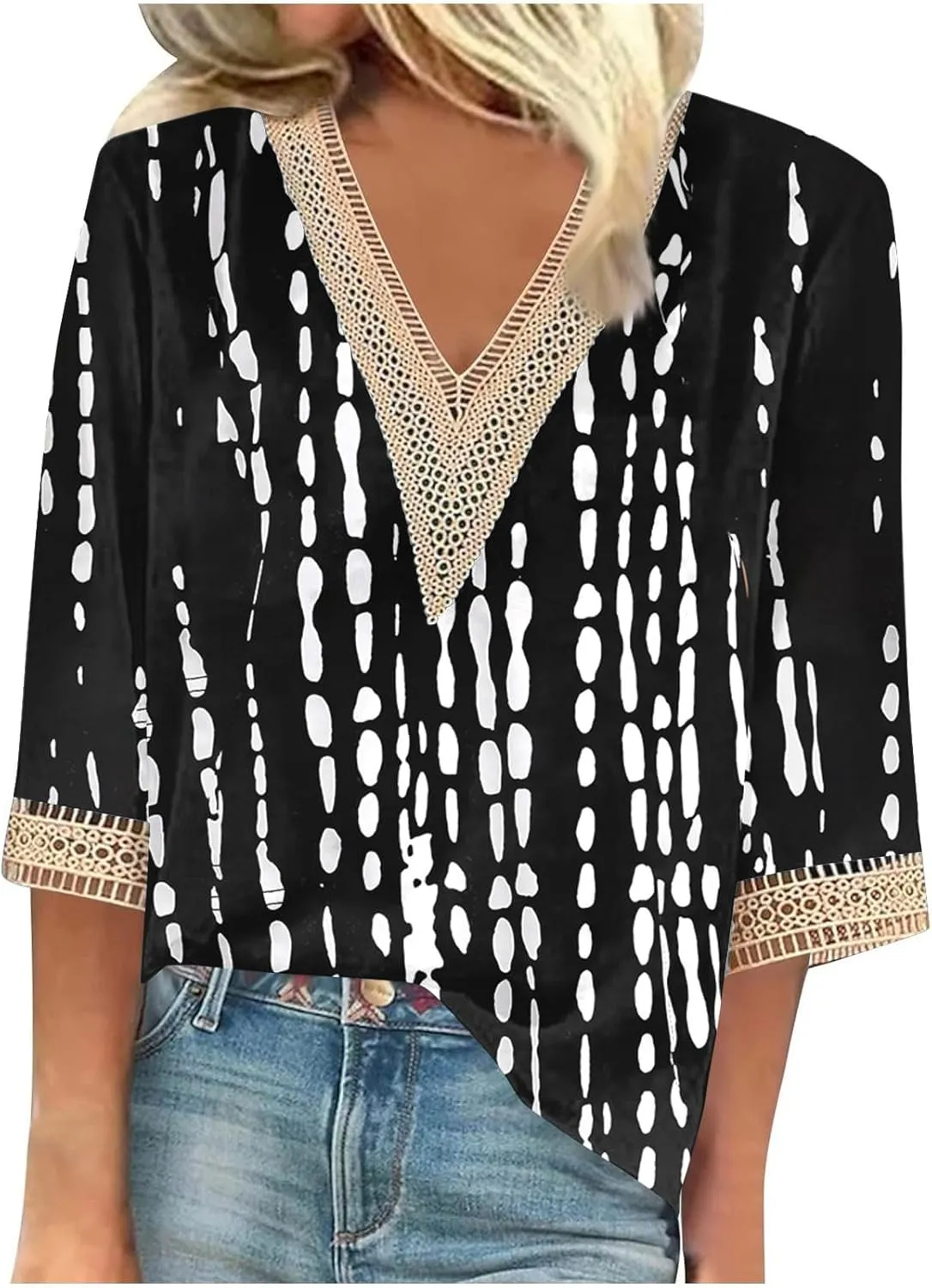 Womens Summer Tops 2025 Dressy Casual Lace V Neck 3/4 Sleeve Shirts Trendy Printed Crochet Blouses Cute Boho Outfits