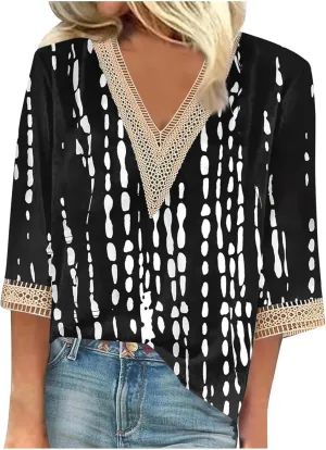 Womens Summer Tops 2025 Dressy Casual Lace V Neck 3/4 Sleeve Shirts Trendy Printed Crochet Blouses Cute Boho Outfits