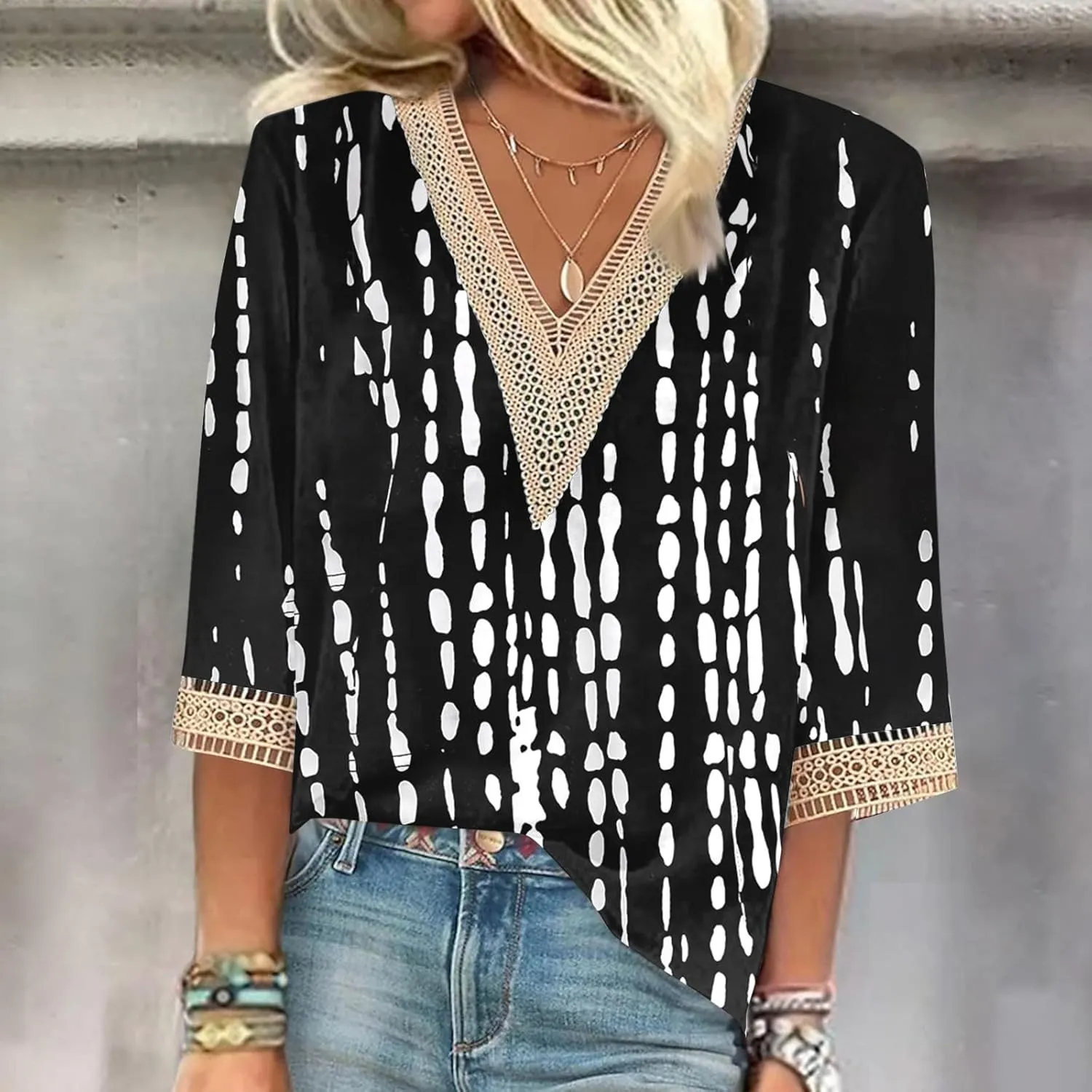 Womens Summer Tops 2025 Dressy Casual Lace V Neck 3/4 Sleeve Shirts Trendy Printed Crochet Blouses Cute Boho Outfits