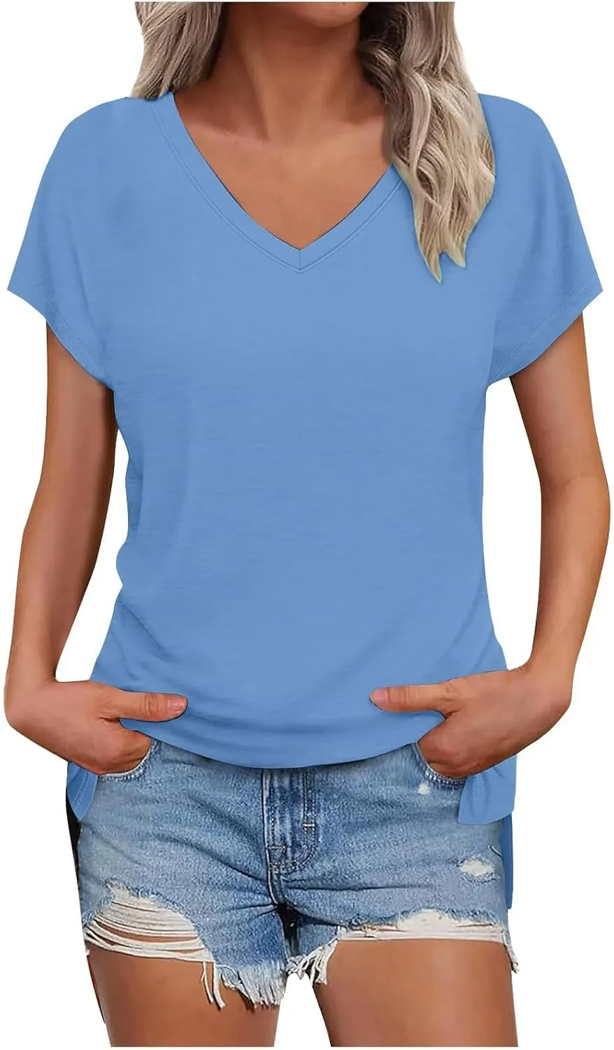 Womens Summer V Neck T Shirts Short Sleeve Basic Tee Tops Dressy Casual Loose Fit Cute Tshirt Trendy Fashion Outfits