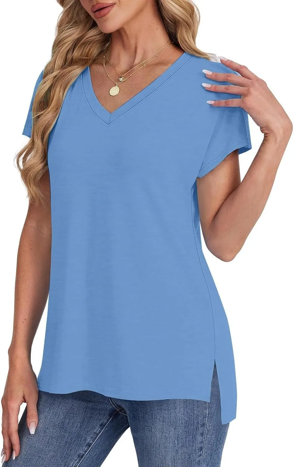 Womens Summer V Neck T Shirts Short Sleeve Basic Tee Tops Dressy Casual Loose Fit Cute Tshirt Trendy Fashion Outfits