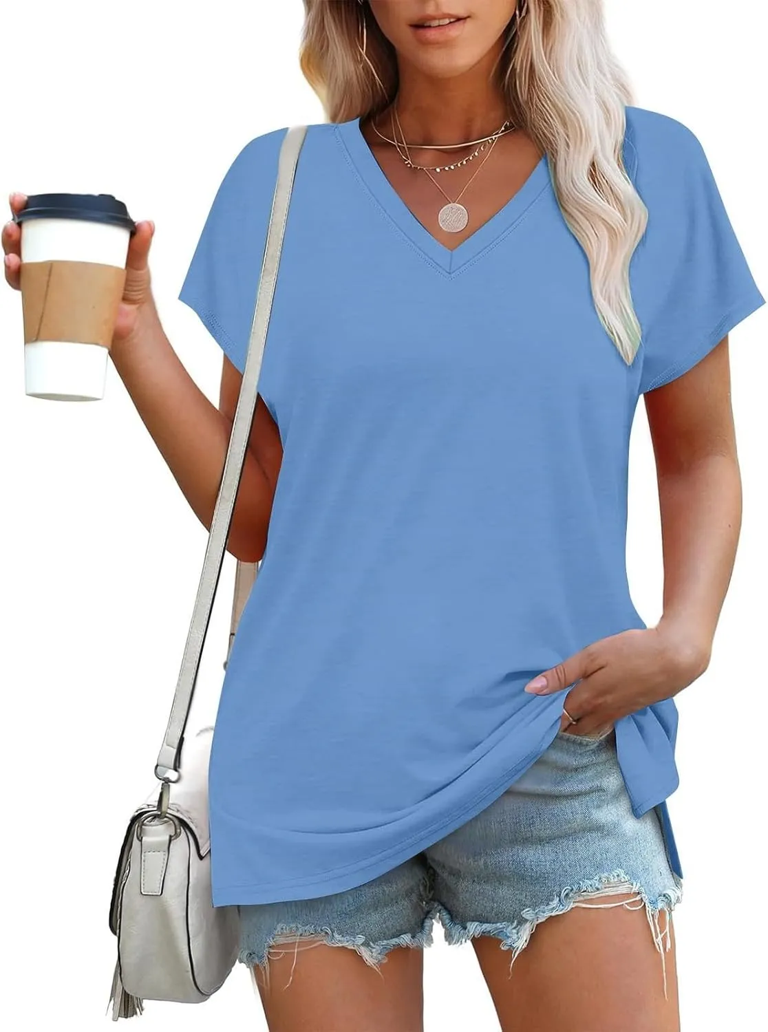 Womens Summer V Neck T Shirts Short Sleeve Basic Tee Tops Dressy Casual Loose Fit Cute Tshirt Trendy Fashion Outfits