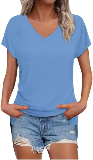 Womens Summer V Neck T Shirts Short Sleeve Basic Tee Tops Dressy Casual Loose Fit Cute Tshirt Trendy Fashion Outfits