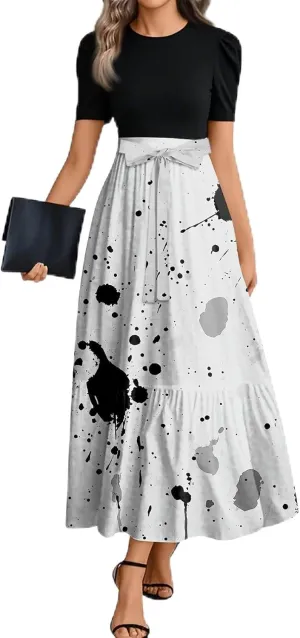 Women's Summer Wrap Dress Casual Boho Floral Printed Sun Dress Crew Neck Short Sleeve Ruffle Hem Beach Long Dresses
