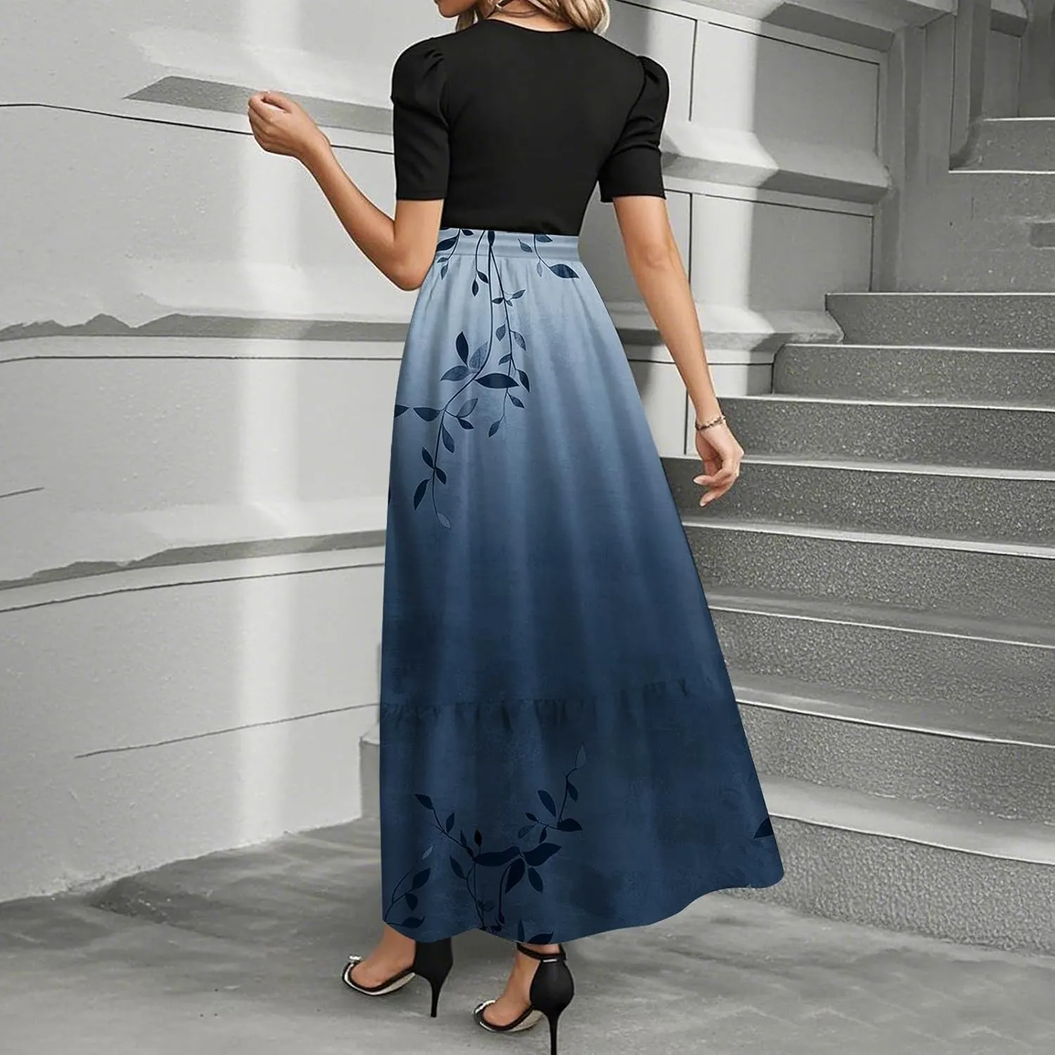 Women's Summer Wrap Dress Casual Boho Floral Printed Sun Dress Crew Neck Short Sleeve Ruffle Hem Beach Long Dresses