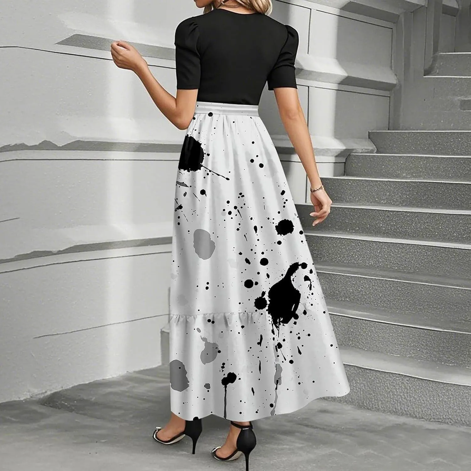 Women's Summer Wrap Dress Casual Boho Floral Printed Sun Dress Crew Neck Short Sleeve Ruffle Hem Beach Long Dresses