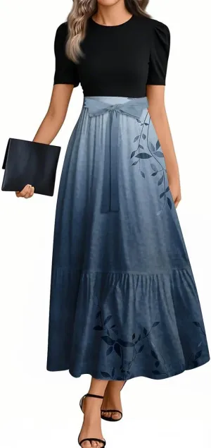 Women's Summer Wrap Dress Casual Boho Floral Printed Sun Dress Crew Neck Short Sleeve Ruffle Hem Beach Long Dresses