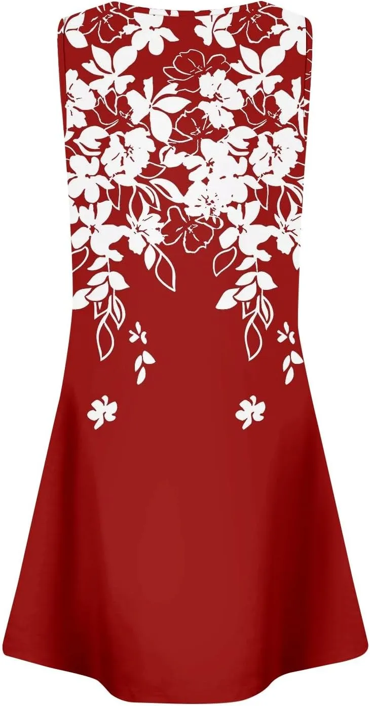 Women's Sun Dresses Summer Casual Square Neck Pleated Floral Print Swing Sundresses Beach Tshirt Dresses, S-3XL