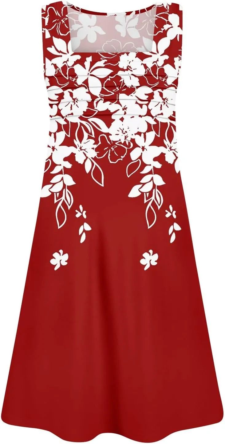 Women's Sun Dresses Summer Casual Square Neck Pleated Floral Print Swing Sundresses Beach Tshirt Dresses, S-3XL