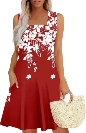 Women's Sun Dresses Summer Casual Square Neck Pleated Floral Print Swing Sundresses Beach Tshirt Dresses, S-3XL