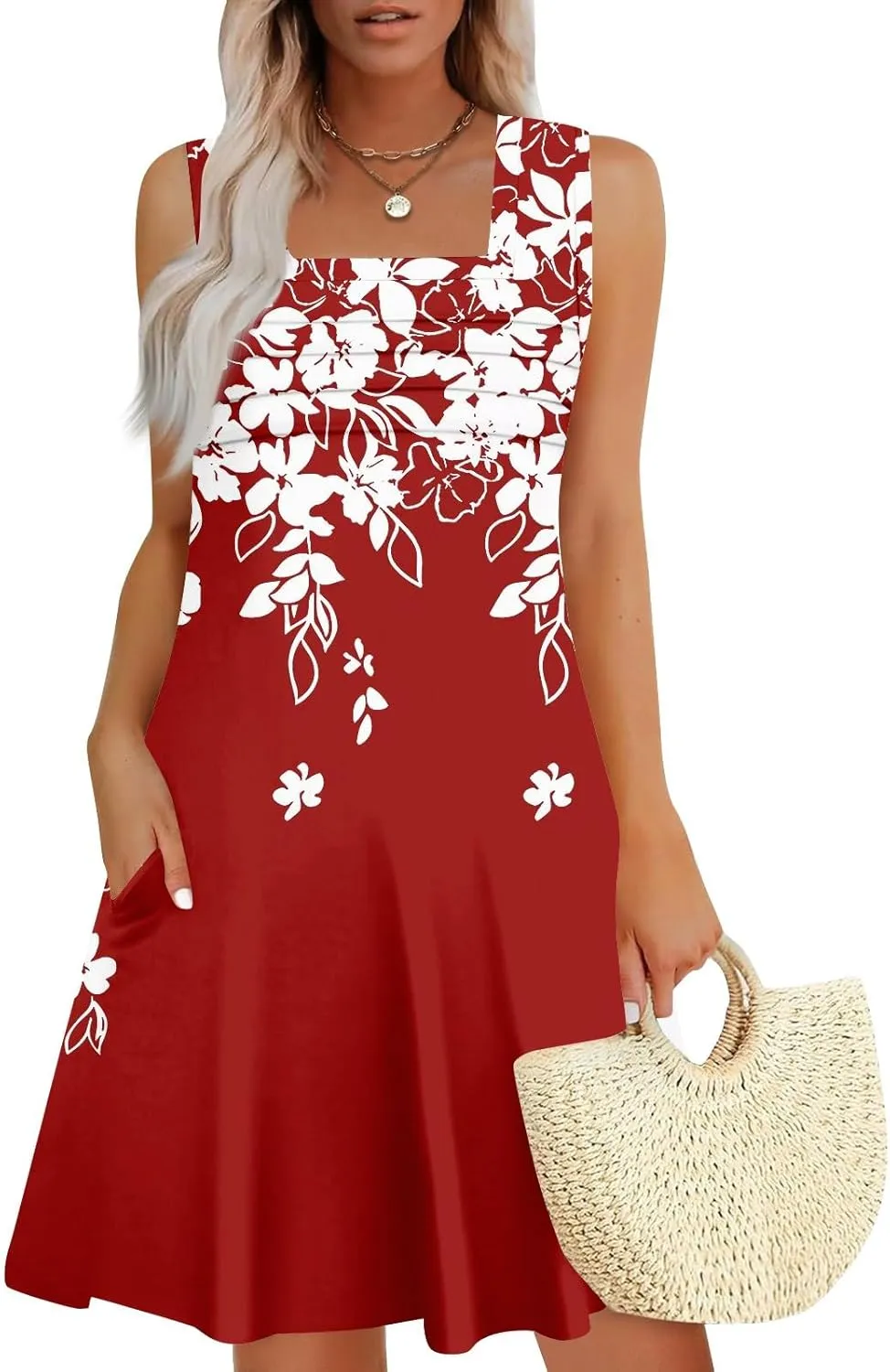 Women's Sun Dresses Summer Casual Square Neck Pleated Floral Print Swing Sundresses Beach Tshirt Dresses, S-3XL