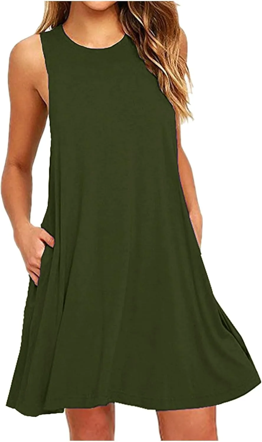 Womens Sundresses 2024 Summer Casual Sleeveless Round Neck Mini Dress with Pockets Solid Flowy Short Beach Dress